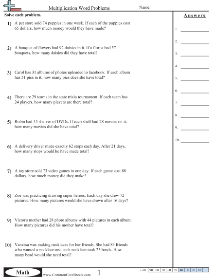 4.oa.5 Worksheets - Multiplication Word Problems worksheet